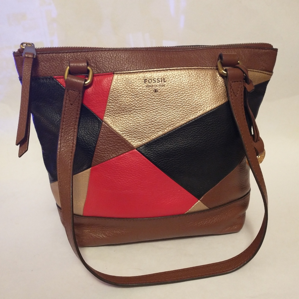 Fossil Patchwork Genuine Leather Purse Red Brown Black Gold Bag Vintage Style